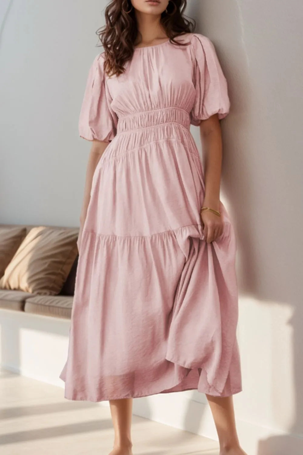 Puff Sleeve Pleated High Waist Flowy Midi Dress Secondary image