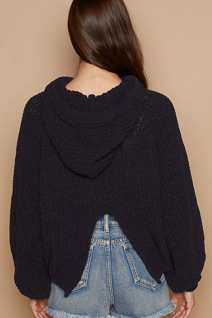 POL Back Open Slit Balloon Sleeve Crop Hooded Sweater