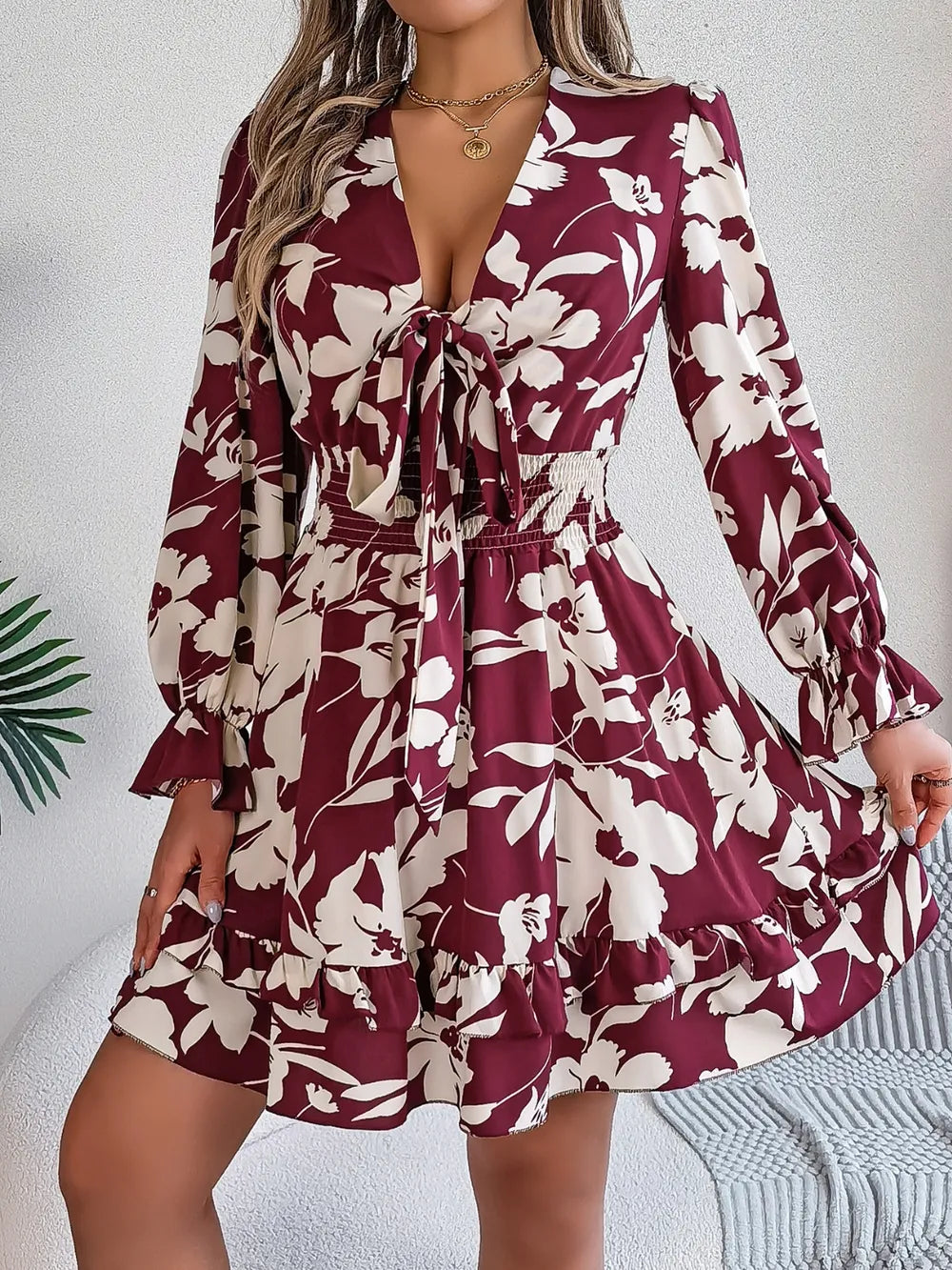 Tied Ruffled Printed Long Sleeve Dress - product image 5