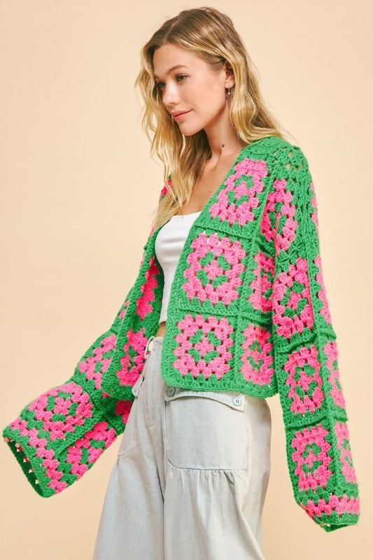 Davi & Dani Full Size Two Tone Flower Square Crochet Open Front Cardigan