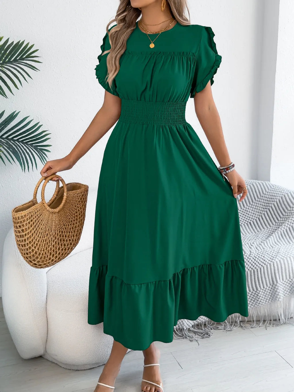 Smocked Frill Round Neck Midi Dress - product image 11