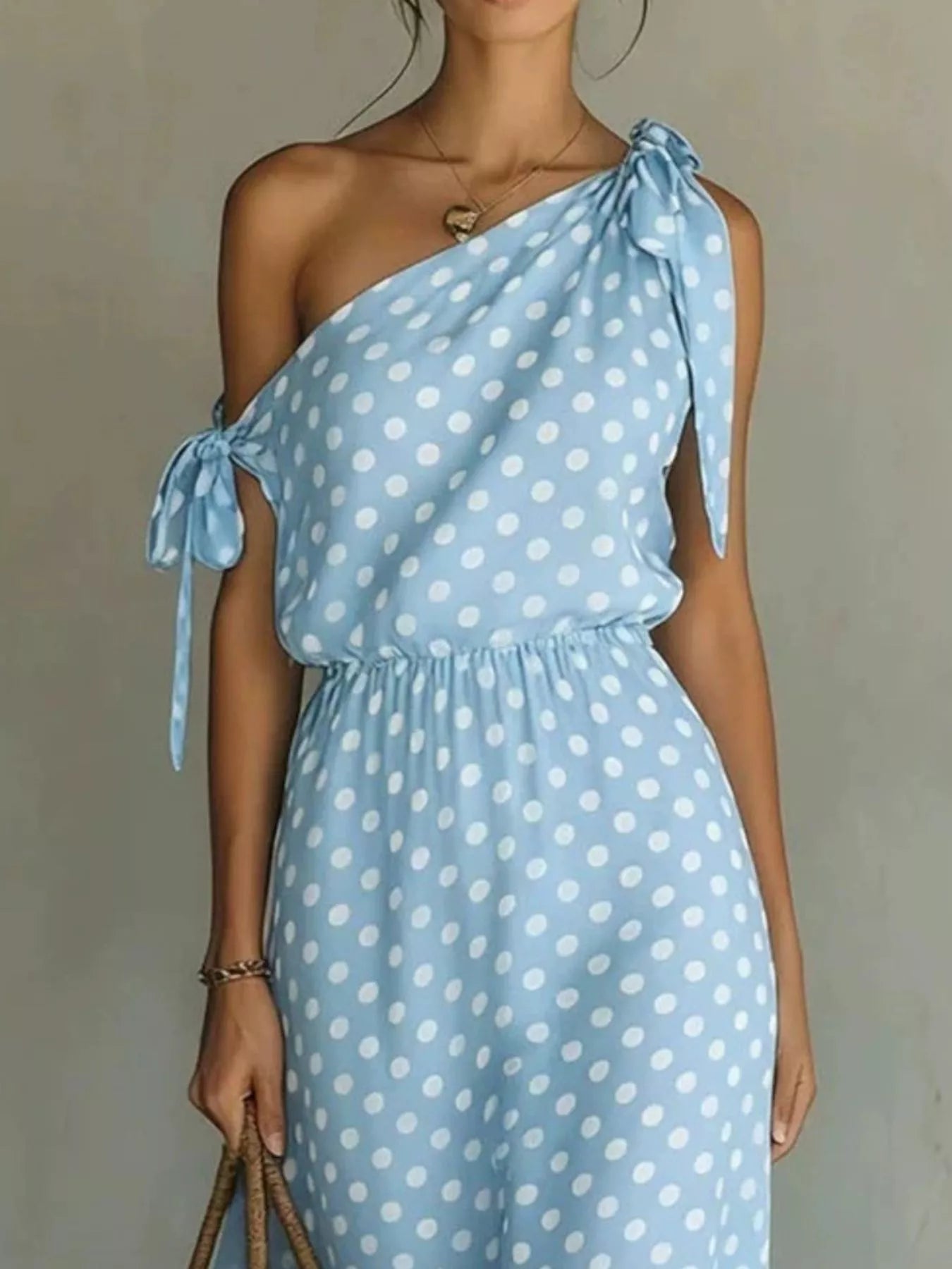 Full Size Polka Dot One-Shoulder Maxi Dress with Tie Details Plus Size - product image 4