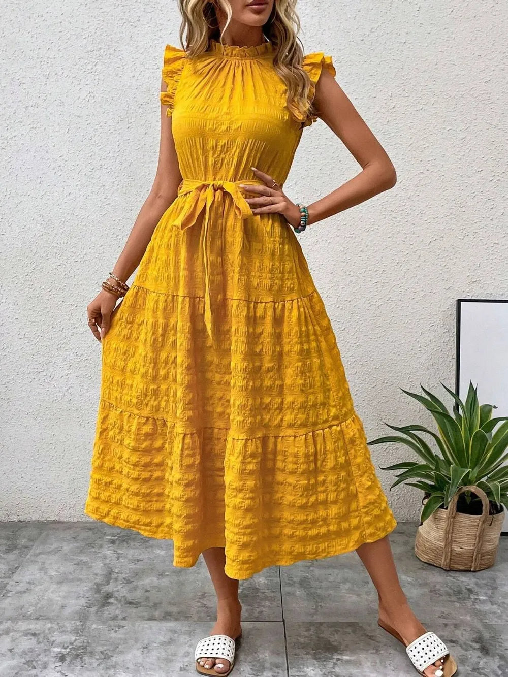 Tied Ruffled Cap Sleeve Midi Dress Main image