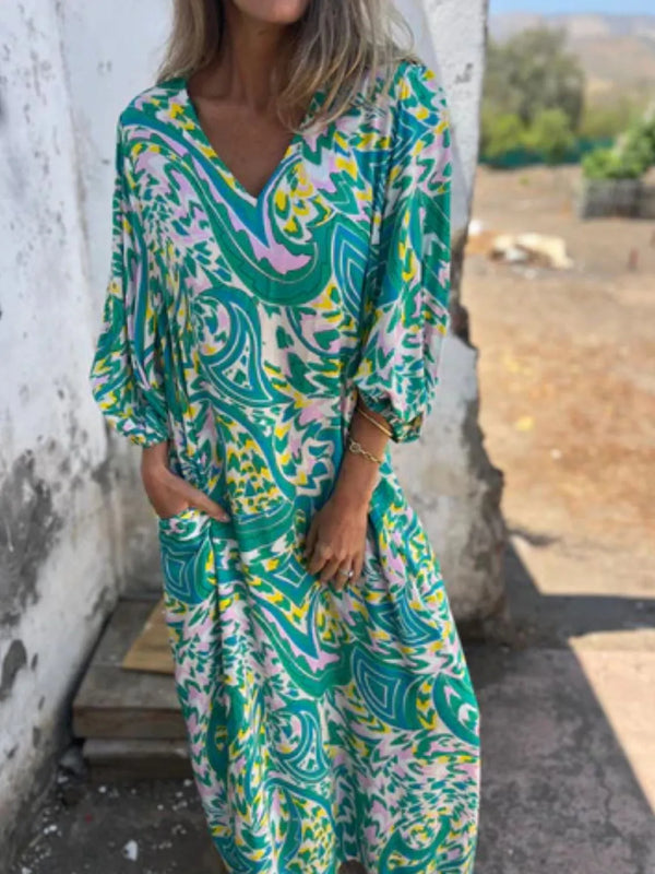 Printed V-Neck Dress with Pockets - product image 3