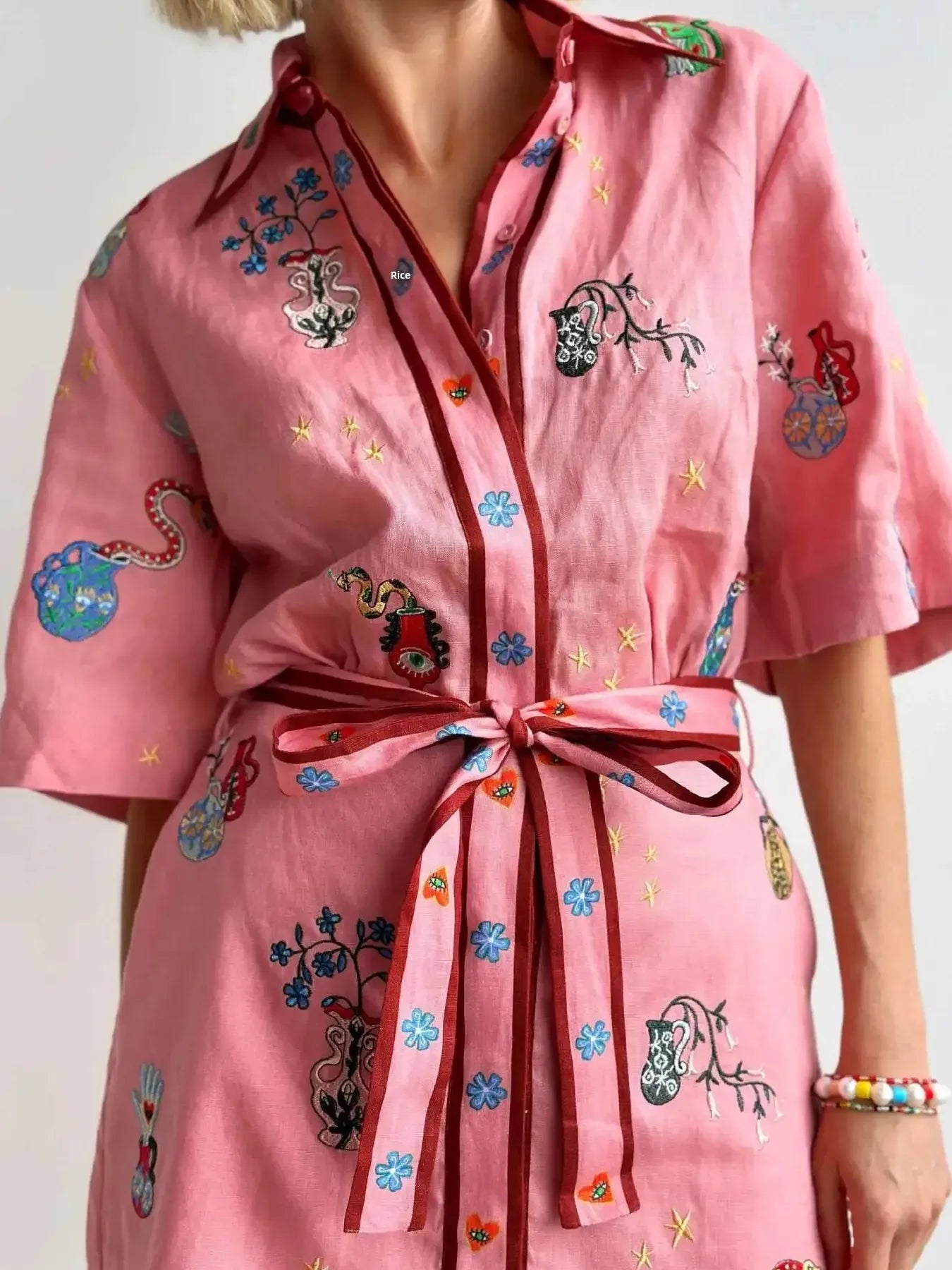 Embroidered Tie Waist Shirt Dress Secondary image