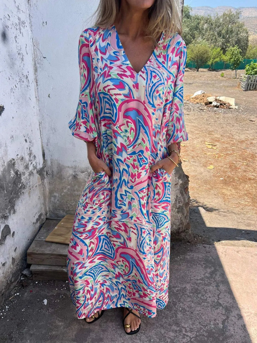 Printed V-Neck Dress with Pockets - product image 4