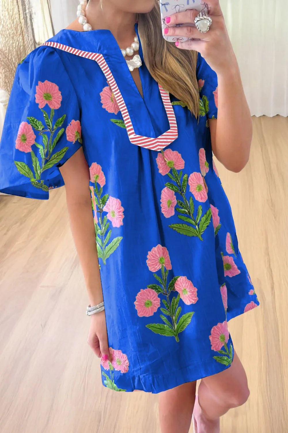 Floral Notched Summer Mini Dress with Striped Trim - product image 6