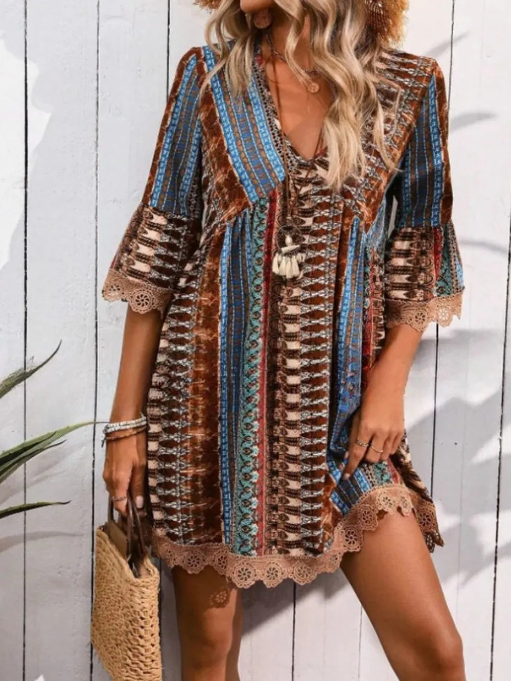 Lace Trim Printed V-Neck 3/4 Sleeve Dress - product image 10