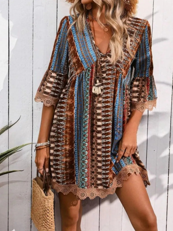 Lace Trim Printed V-Neck 3/4 Sleeve Dress - product image 10