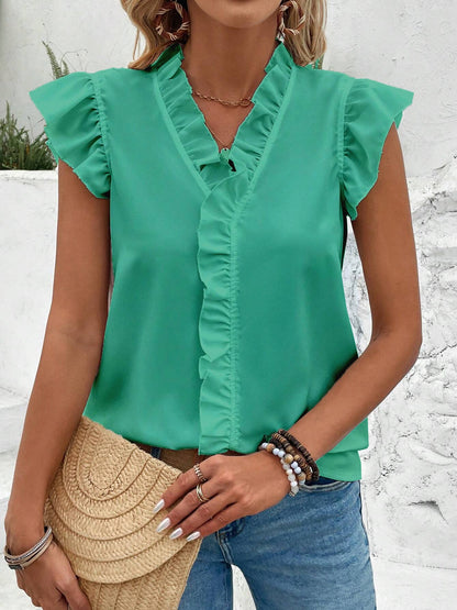 Ruffled V-Neck Cap Sleeve Blouse