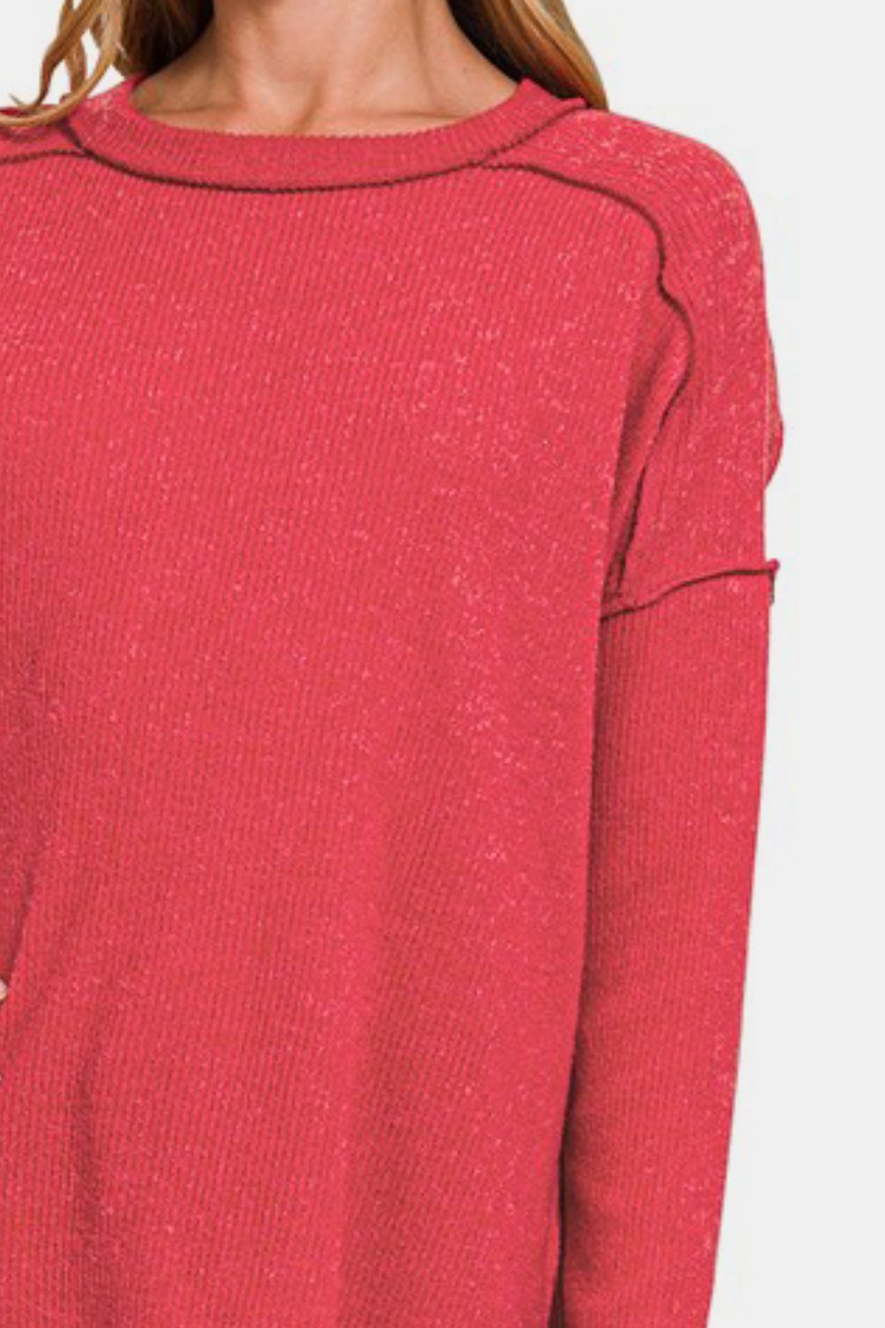 Zenana Full Size Exposed Seam Brushed Round Neck Sweater