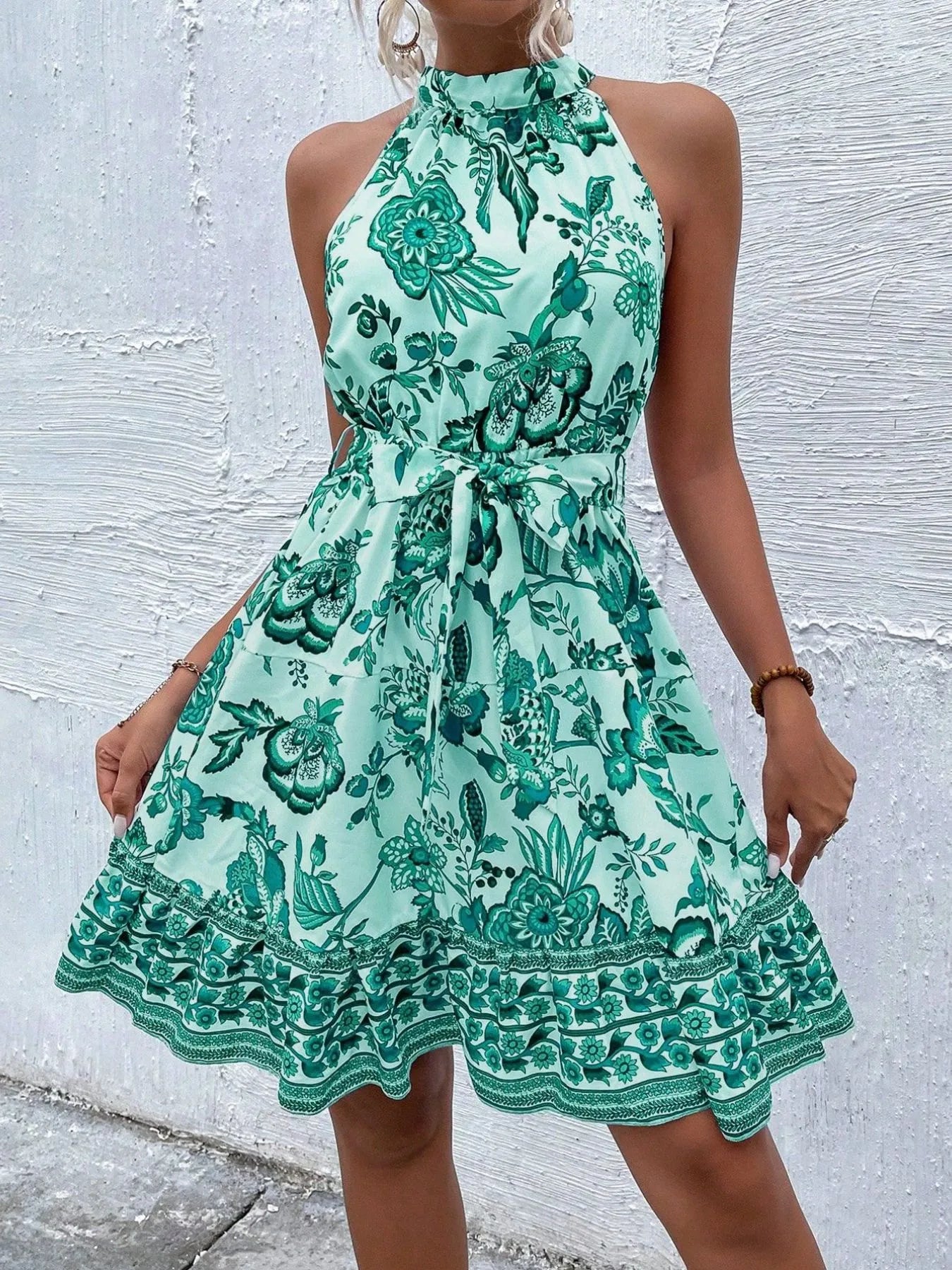 Floral Halter Neck Summer Dress with Belt view 10 - Shopiebay