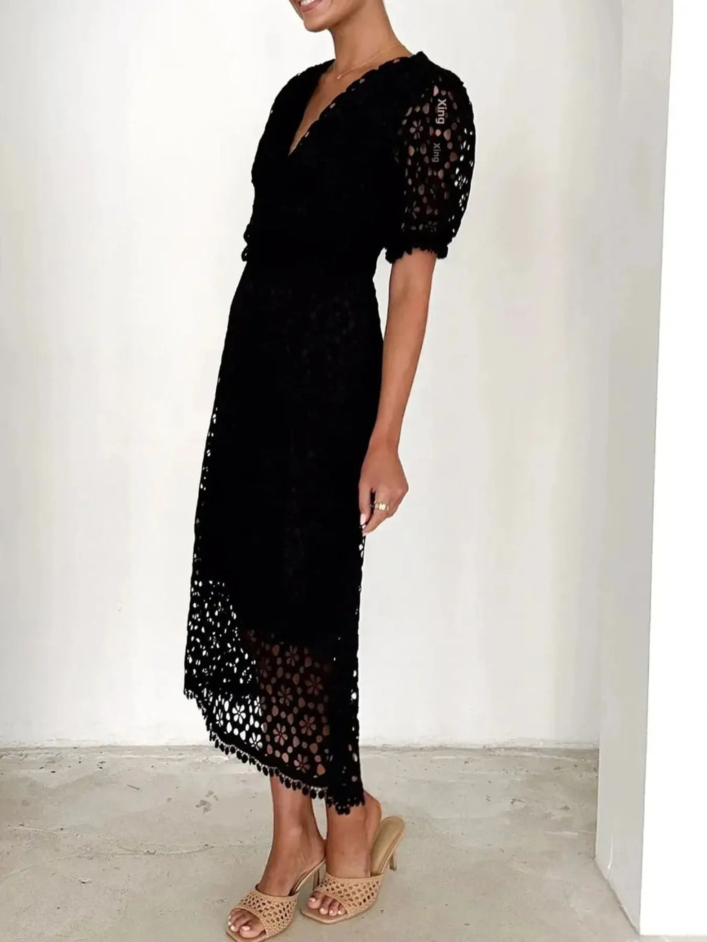 Eyelet Lace V-Neck Midi Dress with Puff Sleeves - product image 9