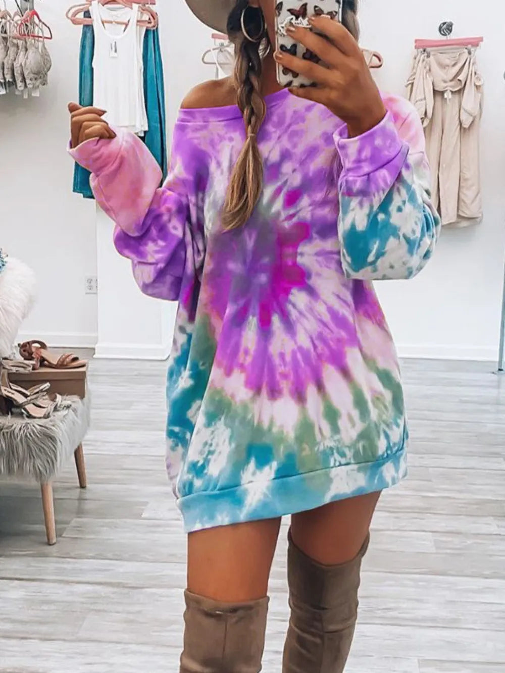 Tie-Dye Round Neck Long Sleeve Dress - product image 4