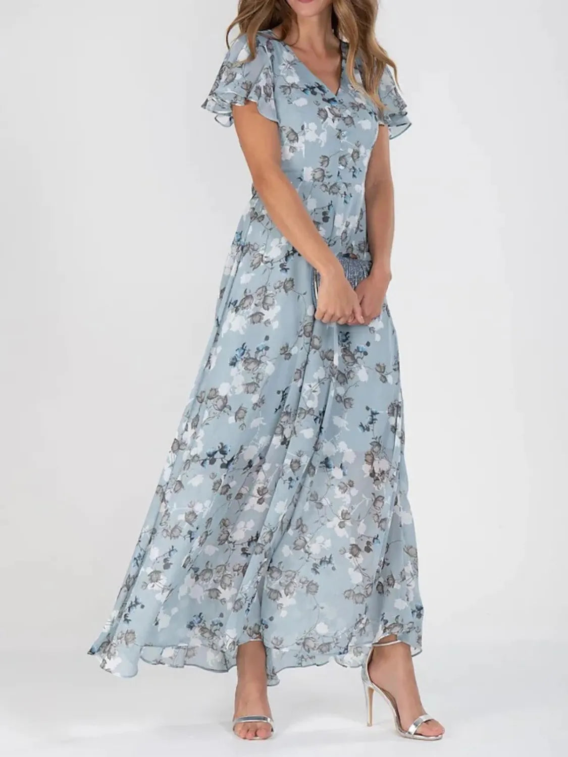 Floral V-Neck Flutter Sleeve Maxi Dress view 3 - Shopiebay