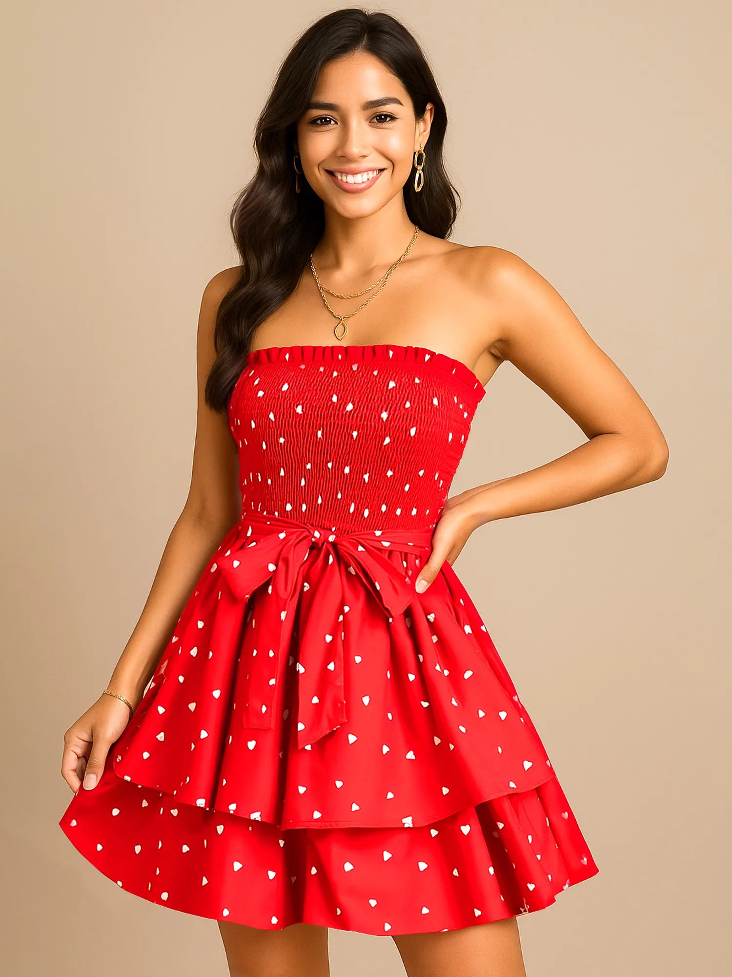 Smocked Heart Print Tube Dress Main image