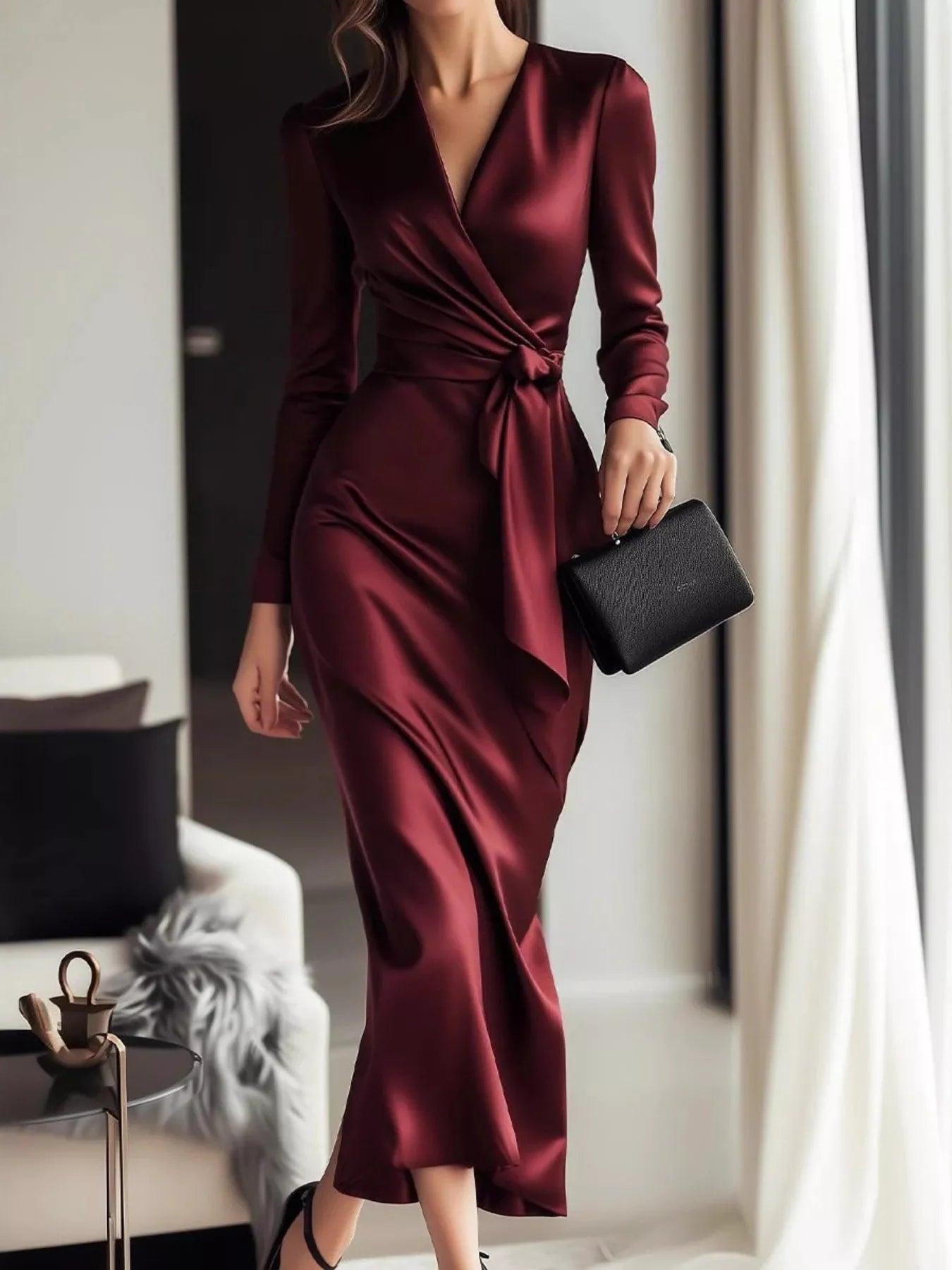 Satin Wrap Long Sleeve Midi Dress - Shopiebay women's boutique