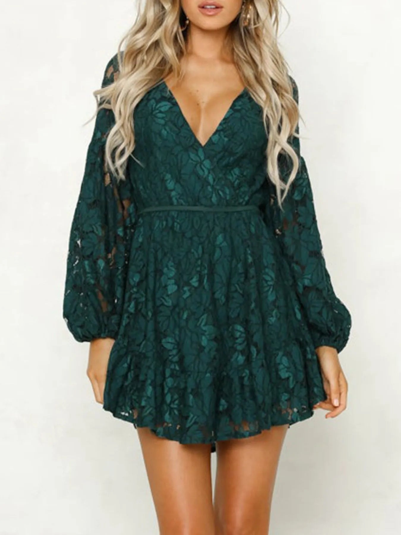 Lace V-Neck Long Sleeve Mini Dress - Shopiebay women's boutique