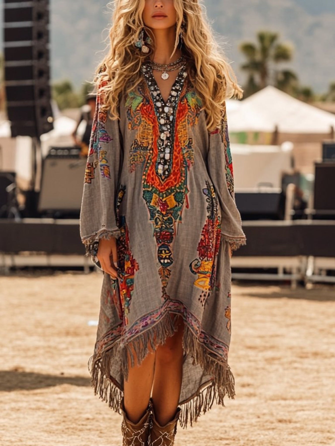 Fringe Hem Notched Long Sleeve Dress Main image