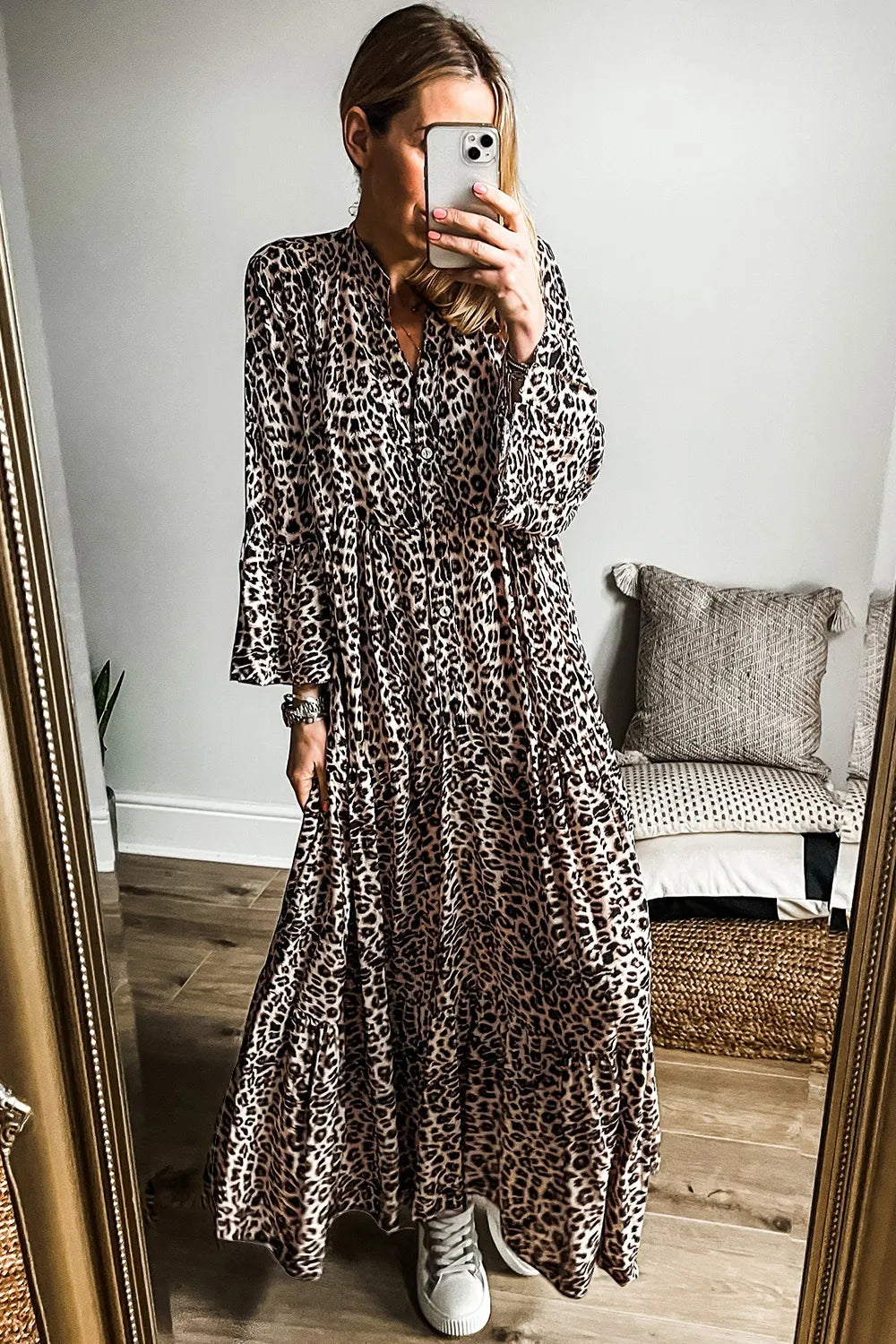 Leopard Notched Long Sleeve Maxi Dress - product image 2