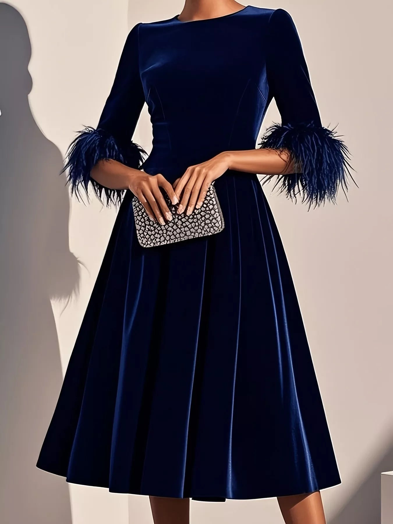 Velvet Midi Dress with Feather Cuffs Main image