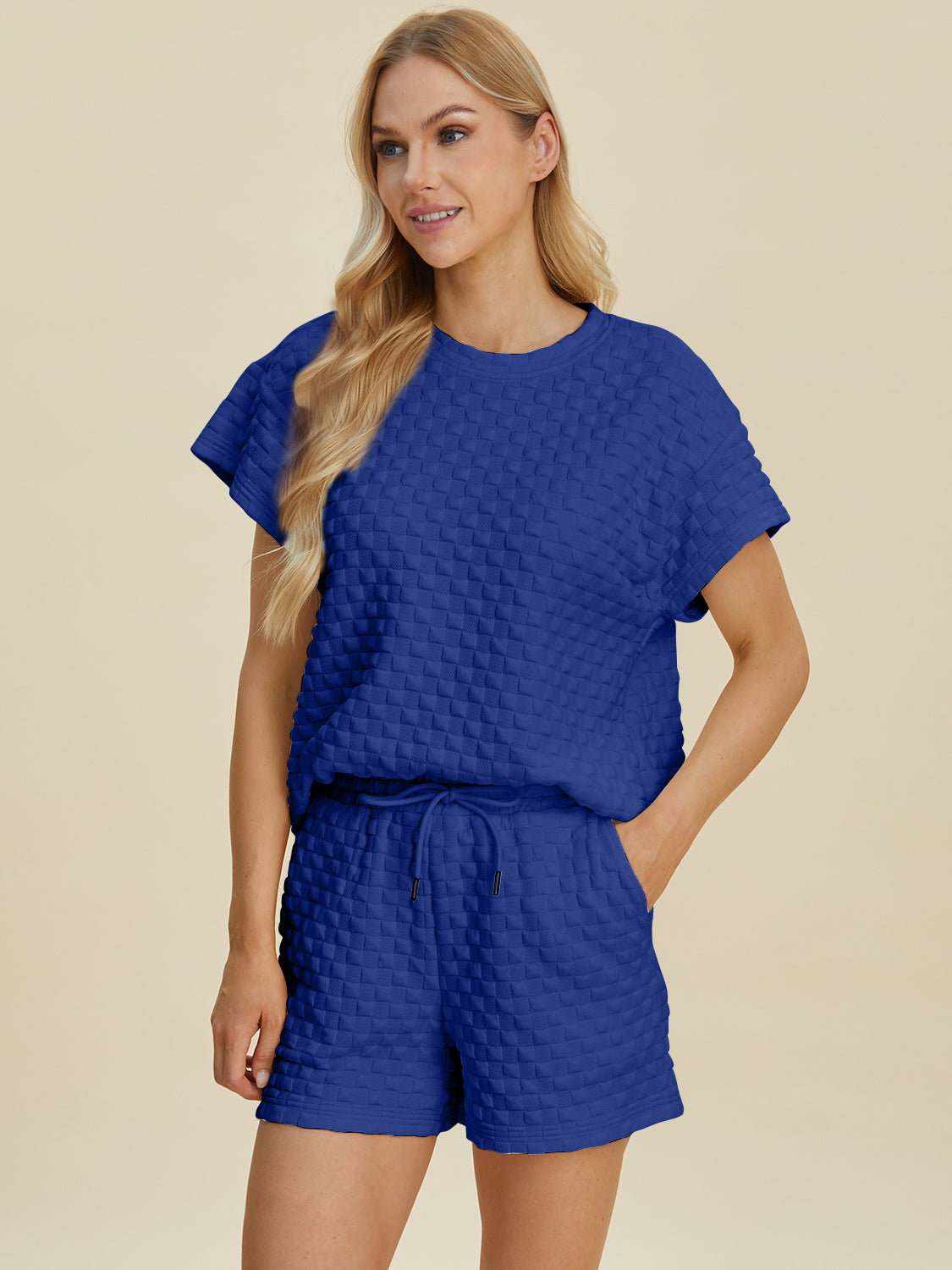 Double Take Full Size Texture T-Shirt and Shorts Set