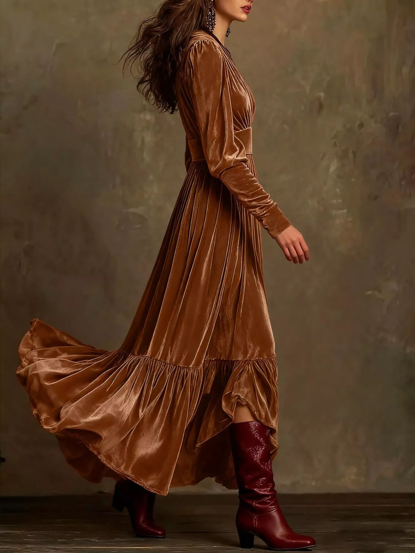 Elegant Velvet V-Neck Long Sleeve Maxi Dress view 2 - Shopiebay