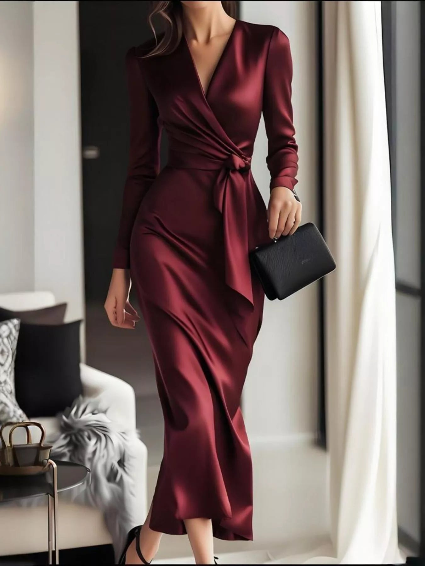 Surplice Satin Long Sleeve Dress Main image
