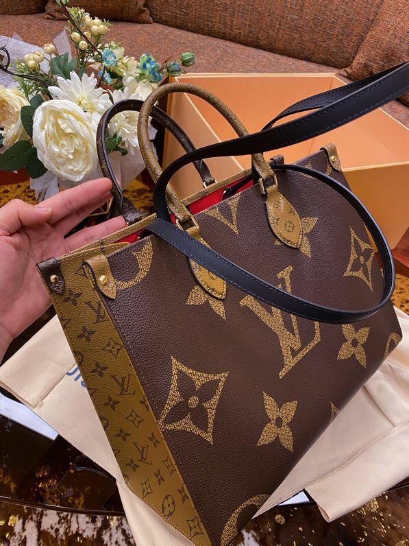 Monogram Structured Tote Bag – Brown & Gold Top Handle Handbag