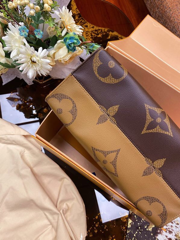 Monogram Structured Tote Bag – Brown & Gold Top Handle Handbag