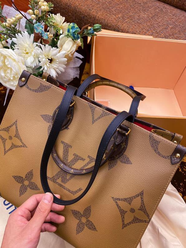 Monogram Structured Tote Bag – Brown & Gold Top Handle Handbag