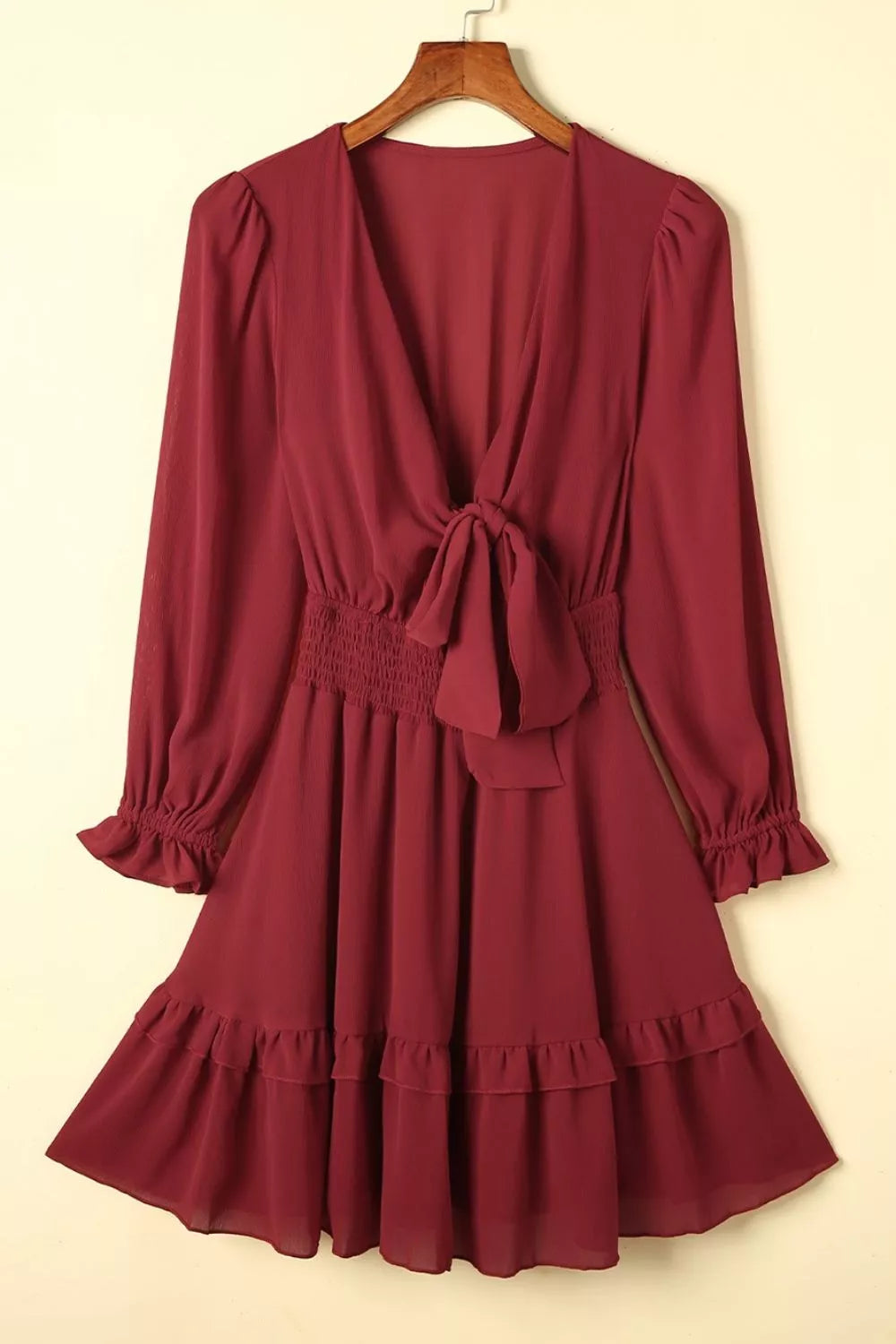 Elegant Tie-Front Ruffle Mini Dress with Smocked Wiast - product image 17