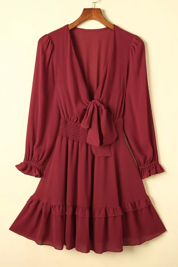 Elegant Tie-Front Ruffle Mini Dress with Smocked Wiast - product image 17