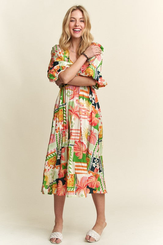 ADORA Floral V-Neck Puff Sleeve Midi Dress