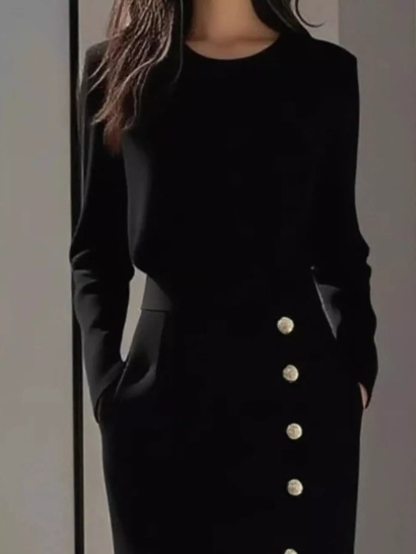 Long Sleeve Button Detail Midi Dress with Side Slit view 5 - Shopiebay
