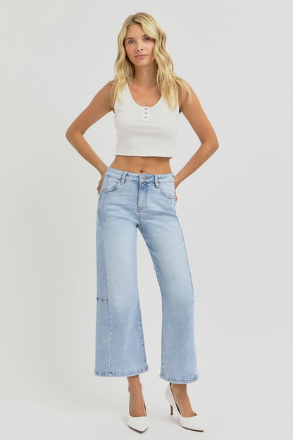 RISEN Full Size High Rise Seamed Detail Wide Leg Crop Jeans