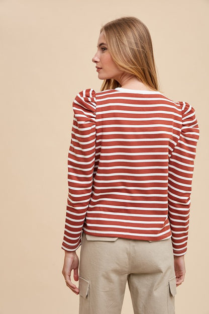 Annie Wear Striped Round Neck Puff Sleeve French Terry Top