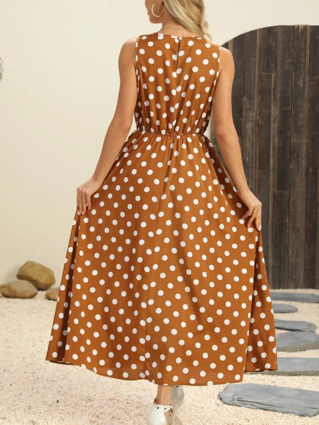 Polka Dot Round Neck Sleeveless Midi Dress - product image 7