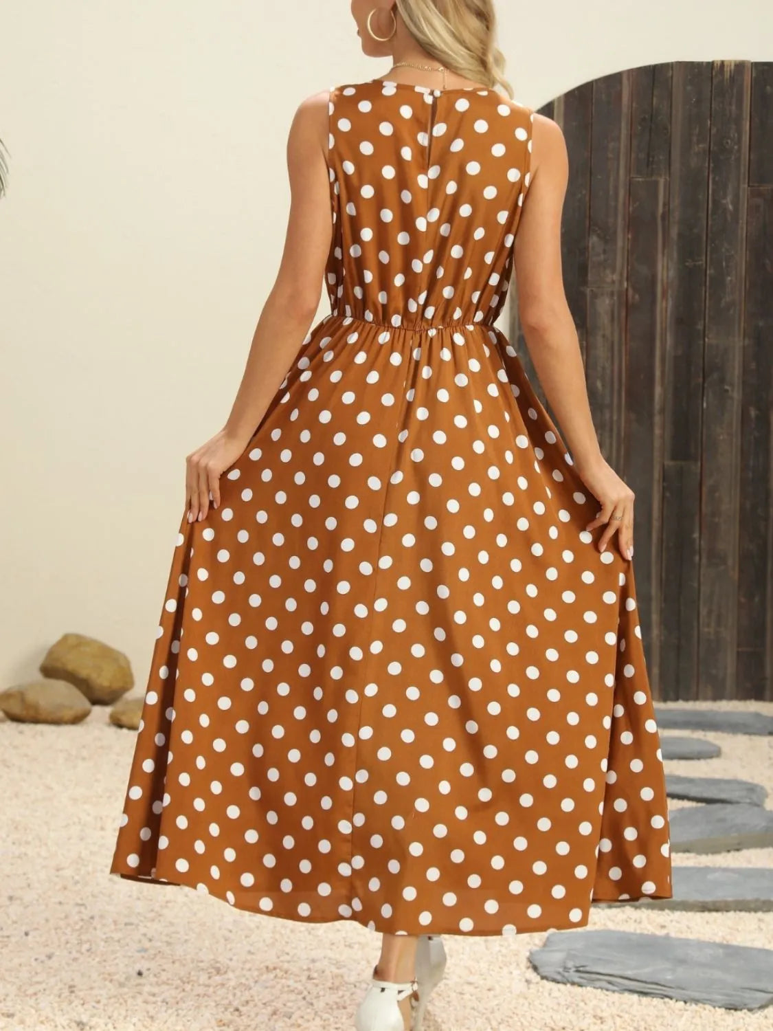 Polka Dot Round Neck Sleeveless Midi Dress view 7 - Shopiebay