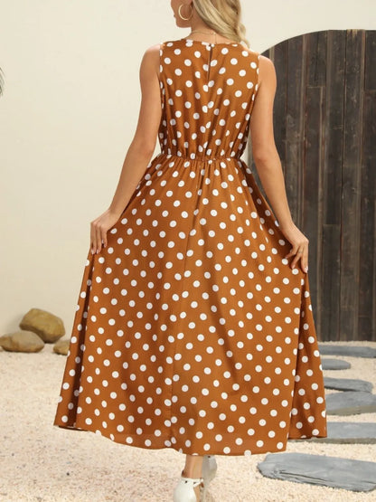 Polka Dot Round Neck Sleeveless Midi Dress view 7 - Shopiebay