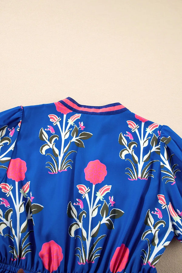 Floral Puff Short Sleeve Notched High Waist Dress - product image 7