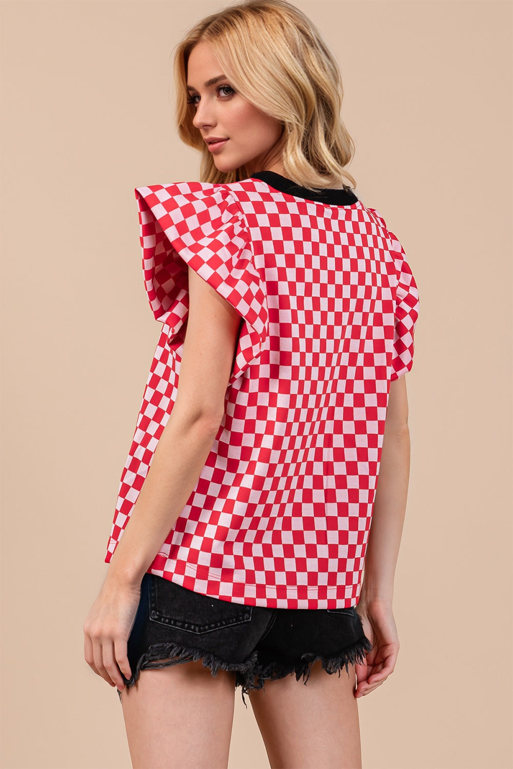 Oh Checkered Round Neck Puff Sleeve Blouse