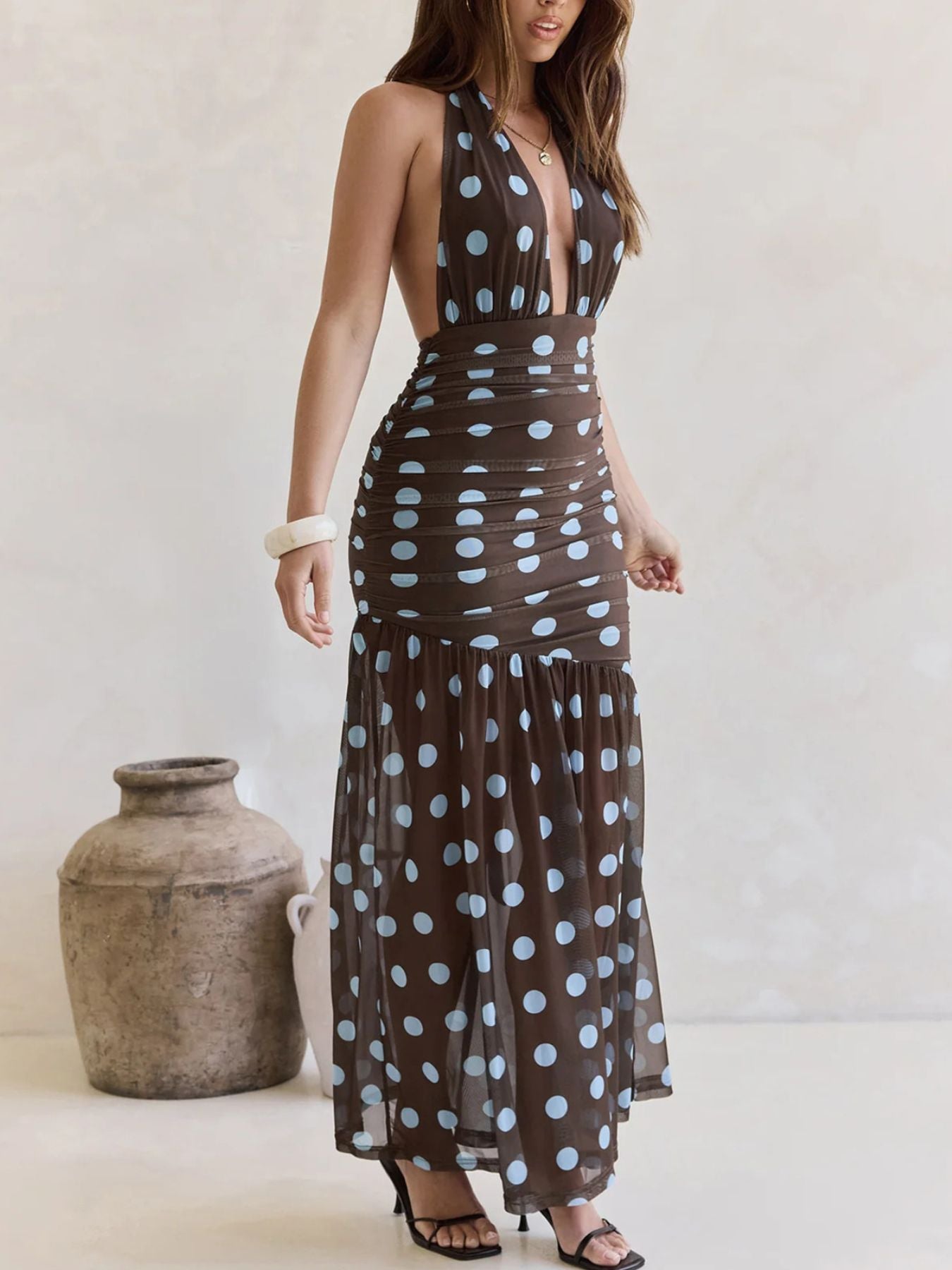 Polka Dot Halter Ruched Maxi Dress view 4 - Shopiebay