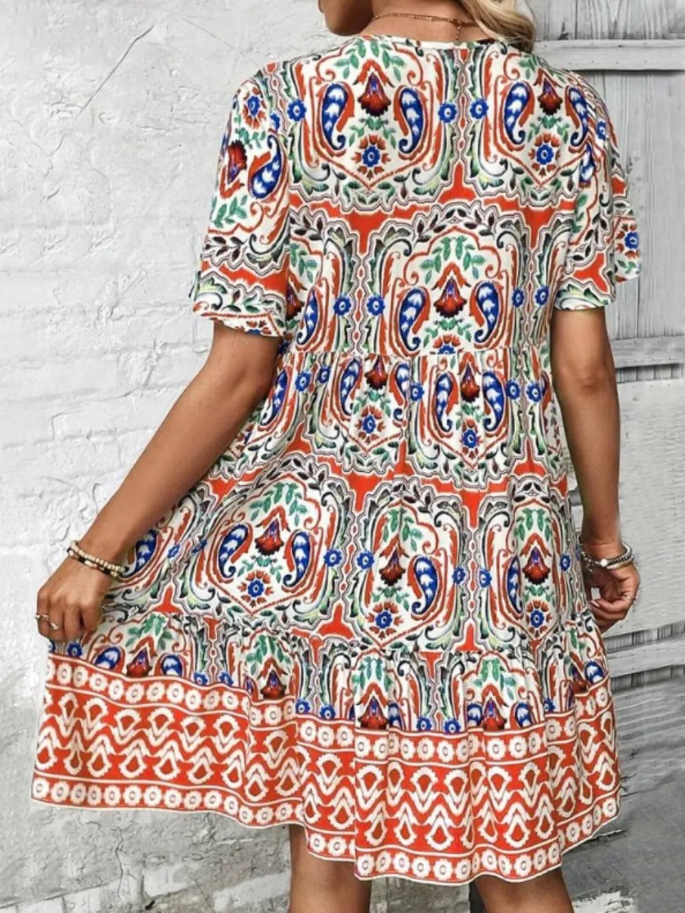 Printed Tie Neck Short Sleeve Dress view 8 - Shopiebay