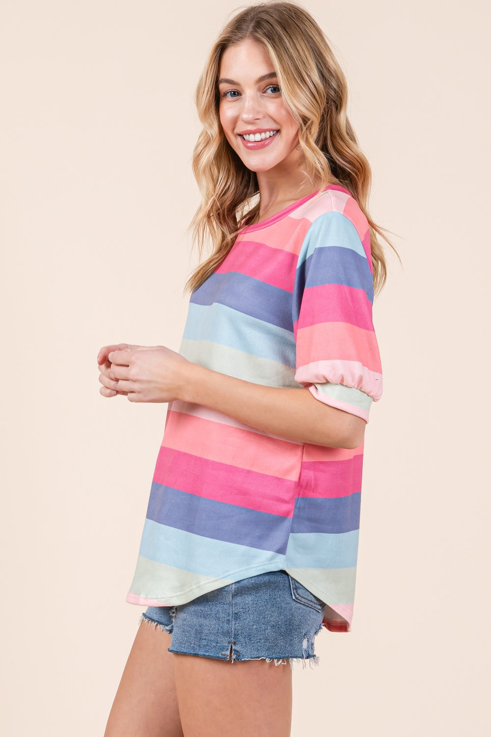 BOMBOM Striped Round Neck Half Sleeve T-Shirt