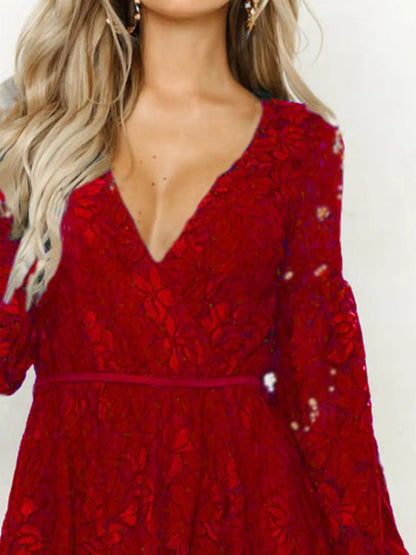 Lace V-Neck Long Sleeve Mini Dress view 6 - Shopiebay