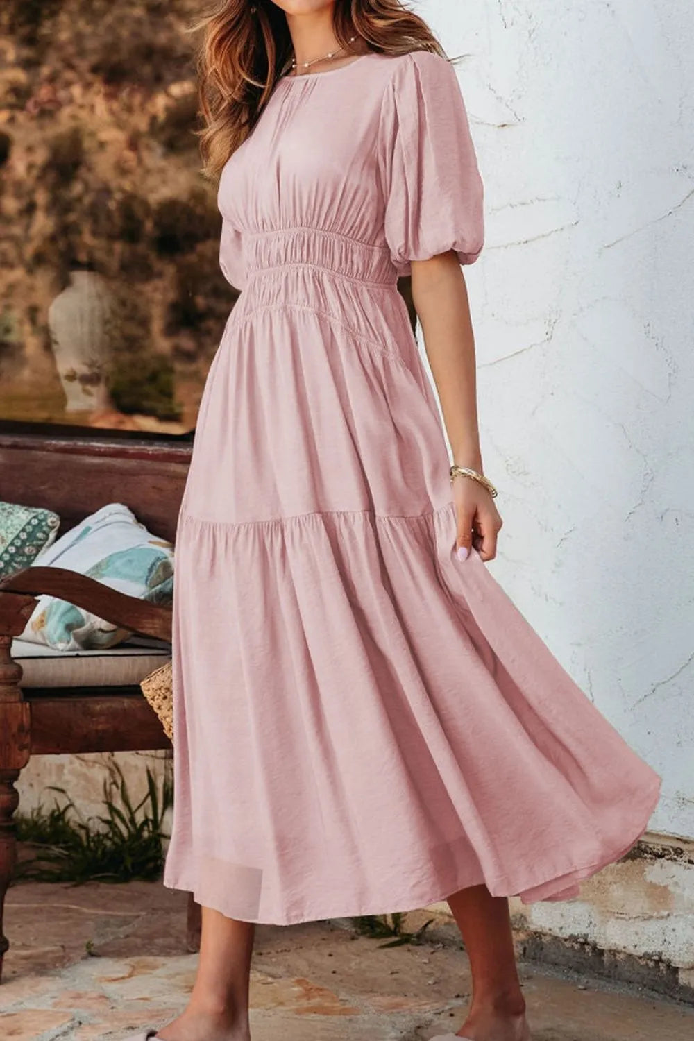 Puff Sleeve Pleated High Waist Flowy Midi Dress view 5 - Shopiebay