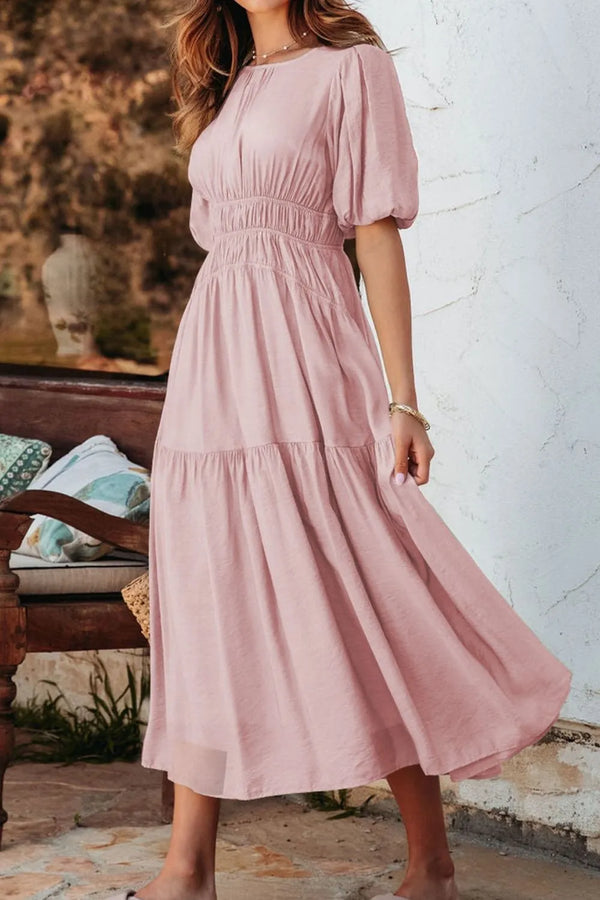Puff Sleeve Pleated High Waist Flowy Midi Dress view 5 - Shopiebay