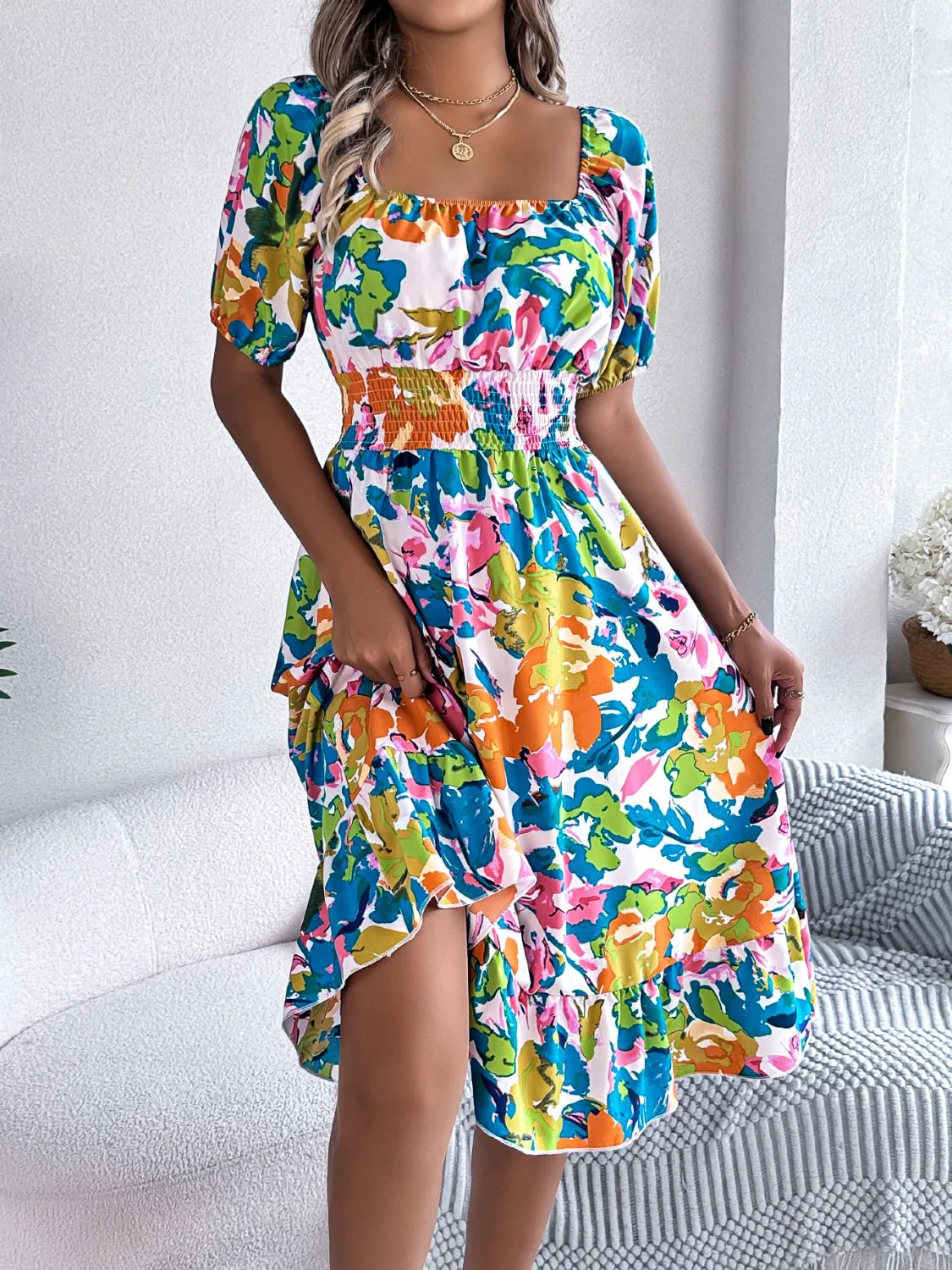 Ruffled Hem Smocked Floral Short Sleeve Midi Dress - product image 8