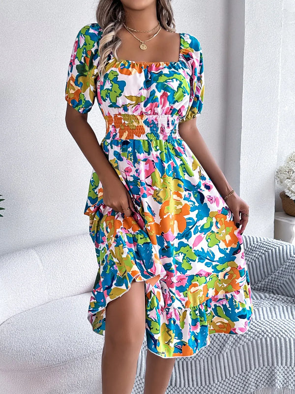 Ruffled Hem Smocked Floral Short Sleeve Midi Dress - product image 8